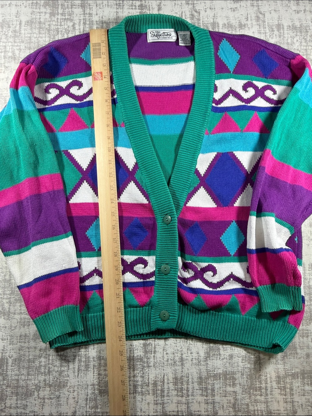 Signature Vintage  Teal, Purple & Pink Geometric Button-Up Cardigan sz M 24X20.5 - Picture 8 of 14